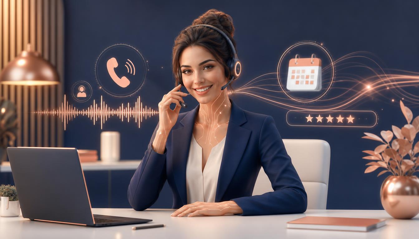 Friendly AI receptionist answering phone calls with calendar and review icons